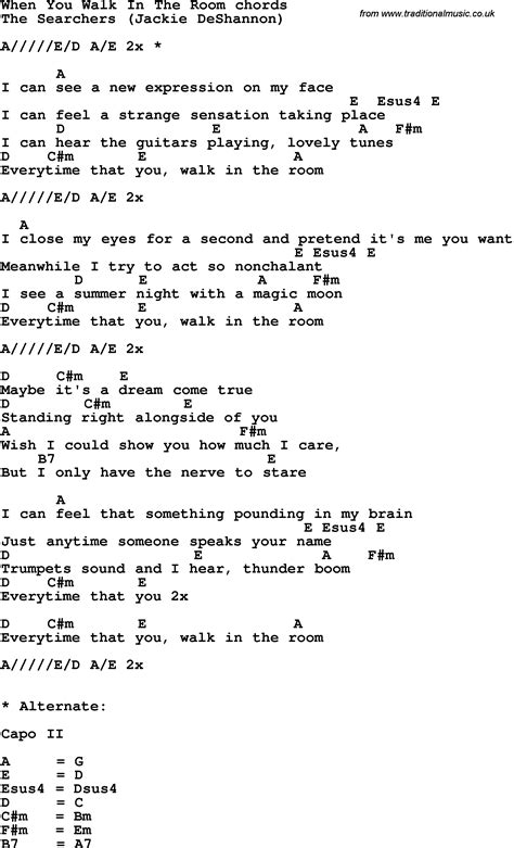 Song lyrics with guitar chords for When You Walk In The Room