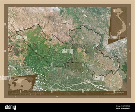 Long An, province of Vietnam. Low resolution satellite map. Locations and names of major cities ...