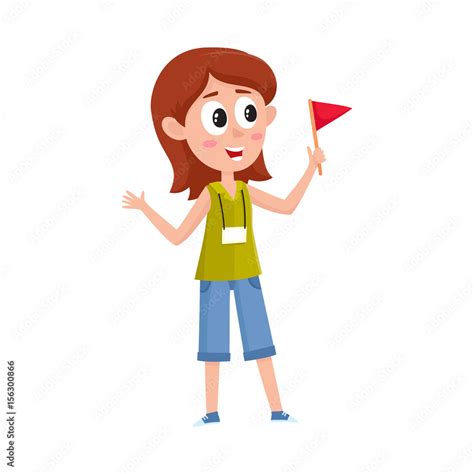 Pretty girl working as tour guide, holding flag, meeting tourist groop, cartoon vector ...