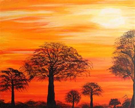 Sunset on The Baobab Tree Painting by Neeraj Dayaram | Saatchi Art