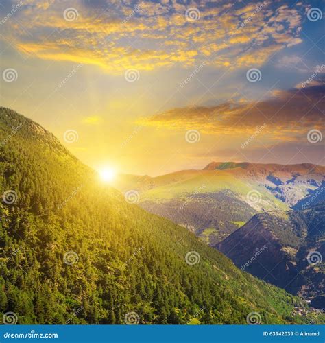 Mountain Landscape and Sunrise Stock Image - Image of conifer, green: 63942039