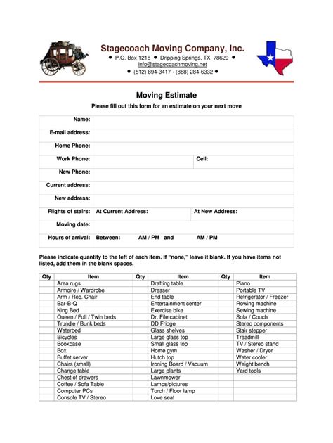 Stagecoach Moving Company Estimate - Fill and Sign Printable Template Online | US Legal Forms