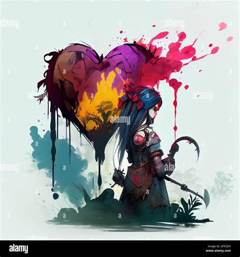 Anime warrior girl with heart shape, digital art illustration Stock ...