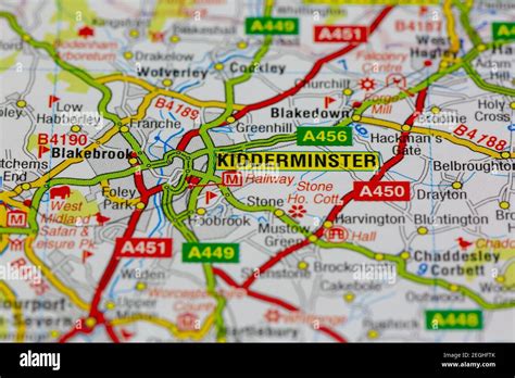 Kidderminster and surrounding areas shown on a road map or geography ...