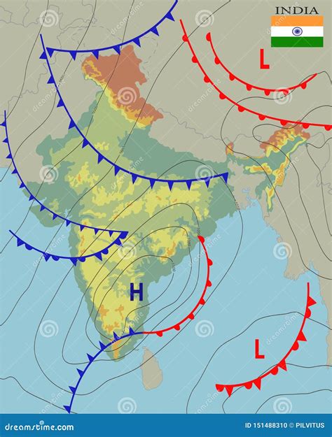 India. Realistic Synoptic Map of the India Showing Isobars and Weather ...