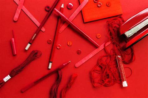 art, red, flatlay, top view, desk, crafts, buttons, pencil, pen, stapler | Pxfuel