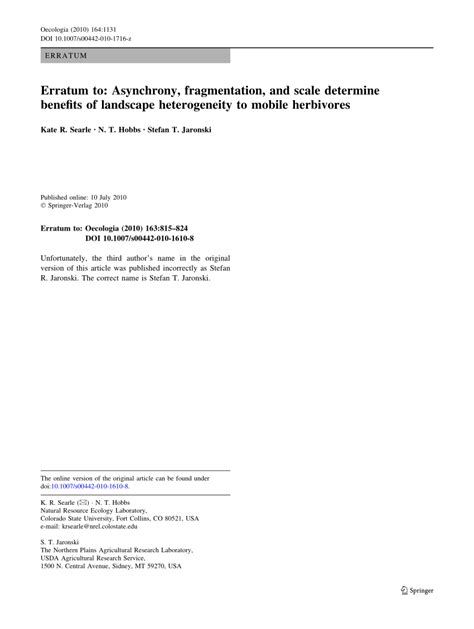 (PDF) Erratum to: Asynchrony, fragmentation, and scale determine benefits of landscape ...