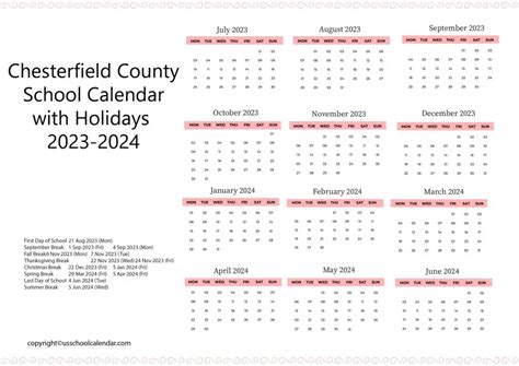 Chesterfield County School Calendar with Holidays 2023-2024