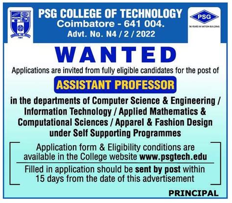 PSG College of Technology, Coimbatore Wanted Assistant Professor ...