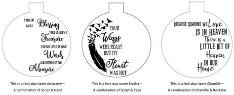 three christmas ornaments with the names of each holiday ornament in black and white