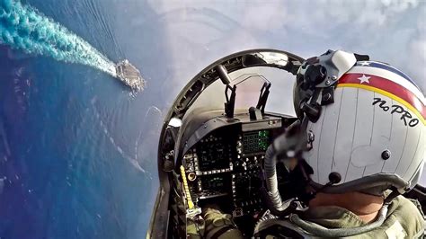 Pilot Great POV of Fighter Jet Landing on Aircraft Carrier - F/A-18F ...