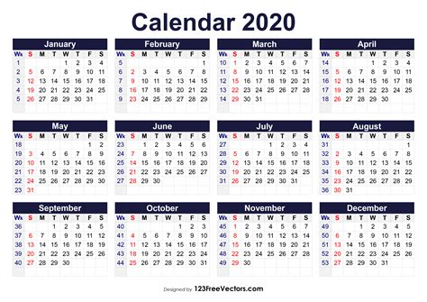 Free Printable 2020 Calendar with Week Numbers