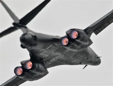 Afterburners lit on a B-1B Lancer supersonic bomber : aviation