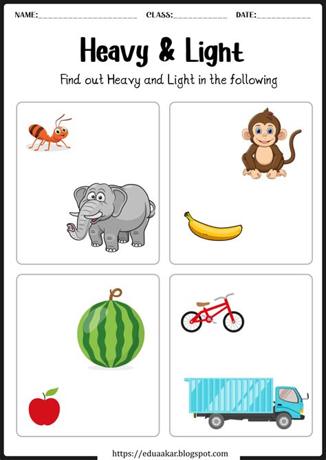 Heavy and Light worksheets for Preschool and Kindergarten kids