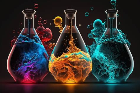 Premium Photo | Chemical flasks with colored liquids on a black background