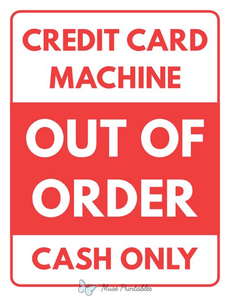 Printable Credit Card Machine Out of Order Cash Only Sign