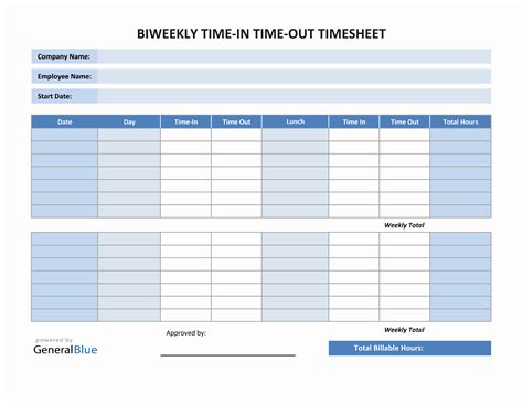 Excel Biweekly Time In Time Out Timesheet