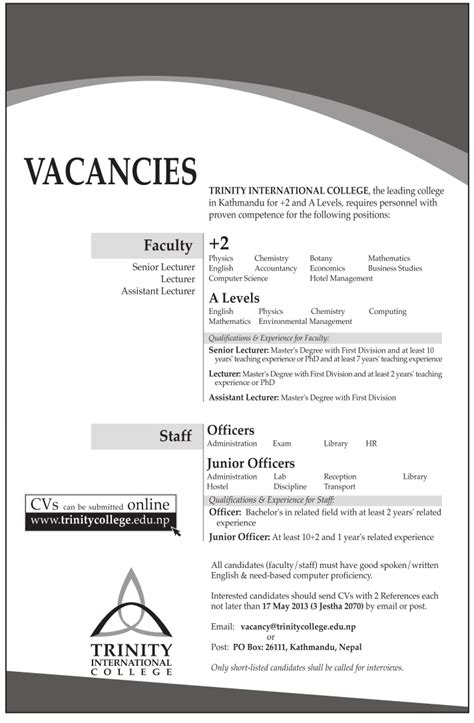 Vacancy at TRINITY INTERNATIONAL COLLEGE | JobListNepal – A Collection ...