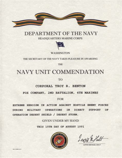 Navy Unit Commendation Ribbon certificate