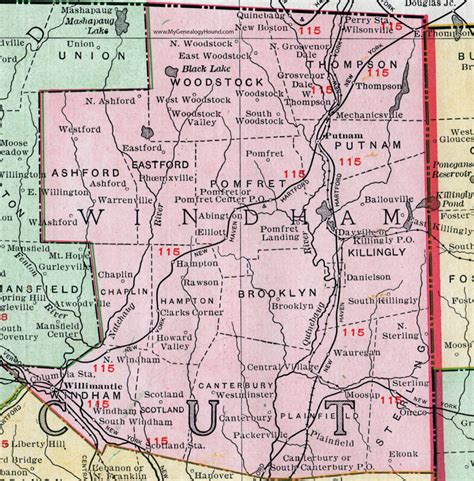 Windham County, Connecticut, 1911, Map, Rand McNally, Willimantic ...