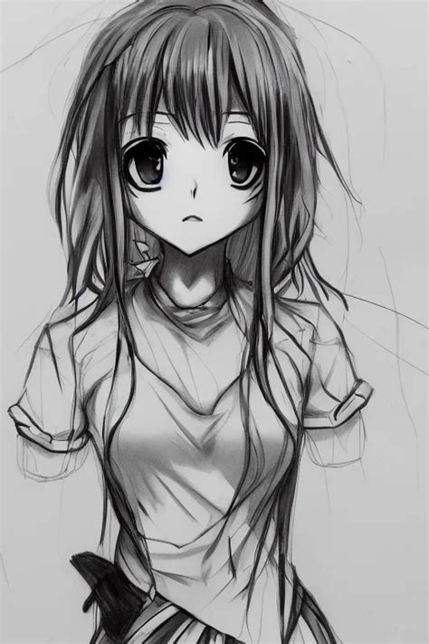 Cute anime girl sketch, black and white | Stable Diffusion