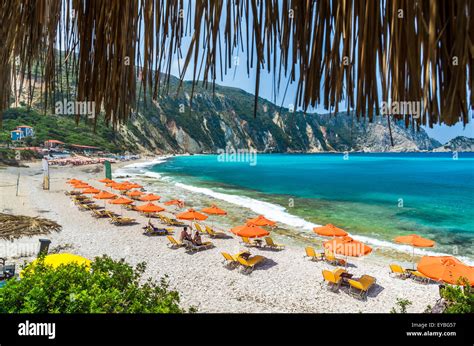 Petani beach, Kefalonia island, Greece. View of Petani bay and beautiful beach, Kefalonia island ...