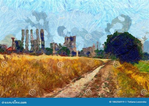 Digital Illustration - Suburban Landscape in Oil Painting Style Stock ...