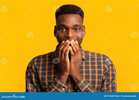 Closeup Portrait of Black Surprised Guy Covering His Mouth with Excitement Stock Photo - Image ...