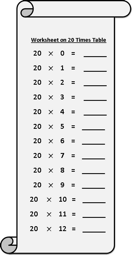 Worksheet on 20 Times Table | Printable Multiplication Table | 20 Times ...