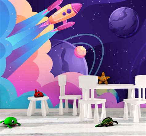 Animated space and rocket space mural wallpaper - TenStickers