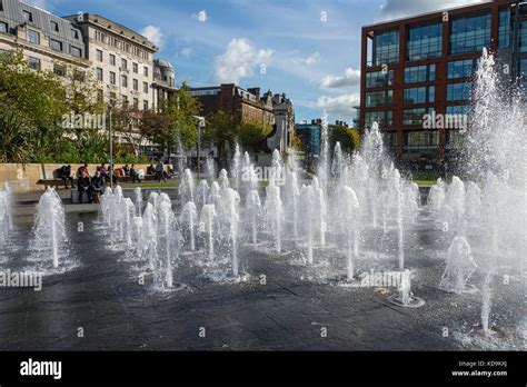 The fountains in Piccadilly Gardens, Manchester, England, UK Stock ...