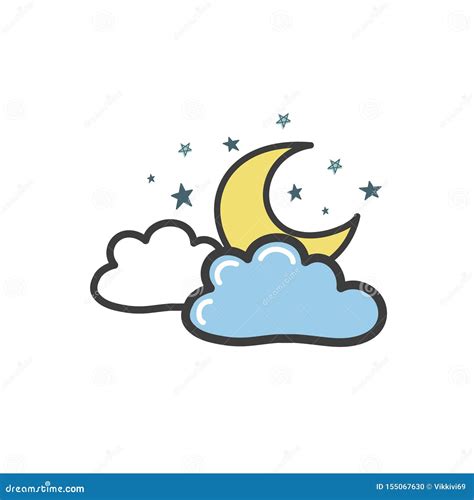 Drawing of a Yellow Moon with Clouds and Stars. Vector Illustration in Doodle-style Stock ...