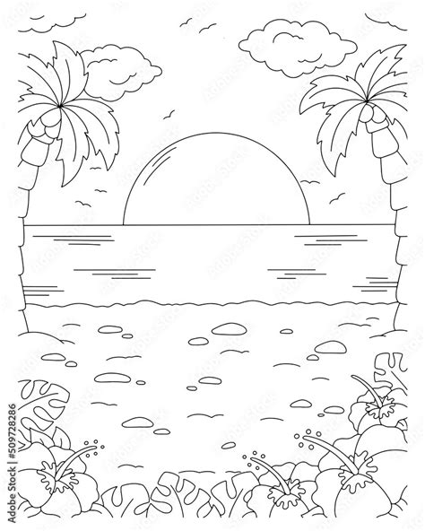 Wonderful natural landscape with beach. Coloring book page for kids. Cartoon style. Vector ...