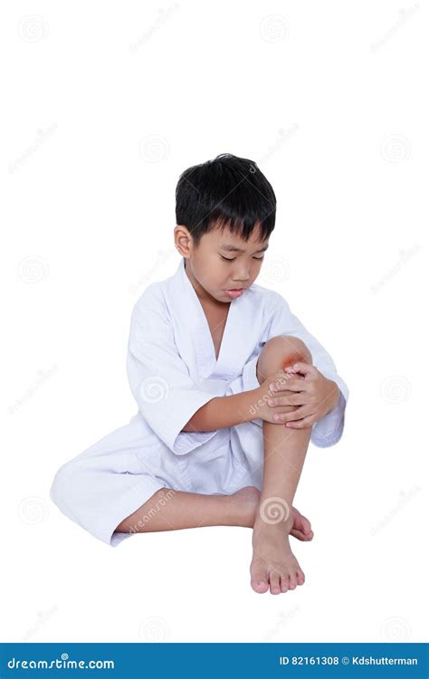 Child Athletes Taekwondo Injured. Wound on Knee. Isolated on White Background. Stock Photo ...