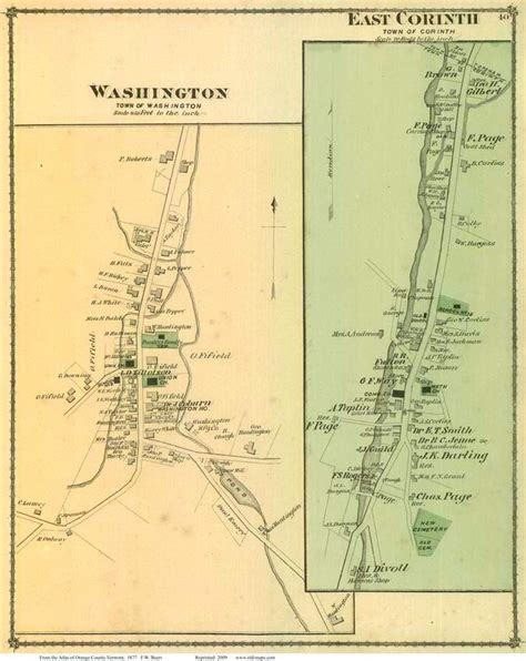 Washington and East Corinth Villages, Vermont 1877 Old Town Map Reprint ...