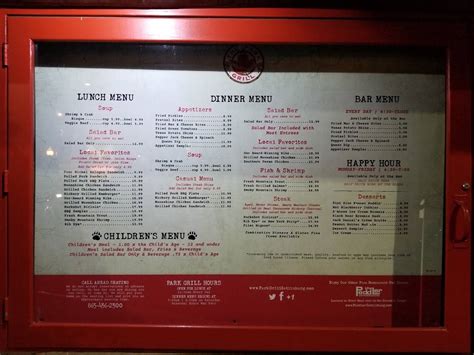 Menu at The Park Grill steakhouse, Gatlinburg, Parkway