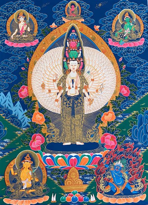 Hand-painted 8 Armed Lokeswor Tibetan Thangka Art 22"x 30" White ...