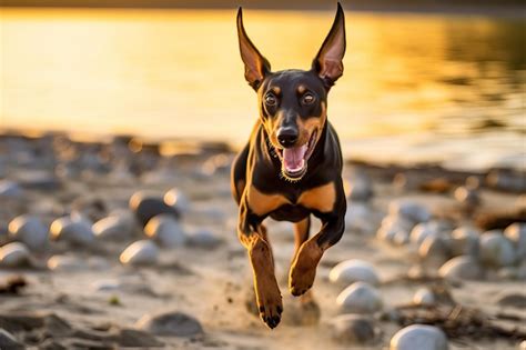 Premium AI Image | Doberman Pinscher Dog Running on Sandy Beach