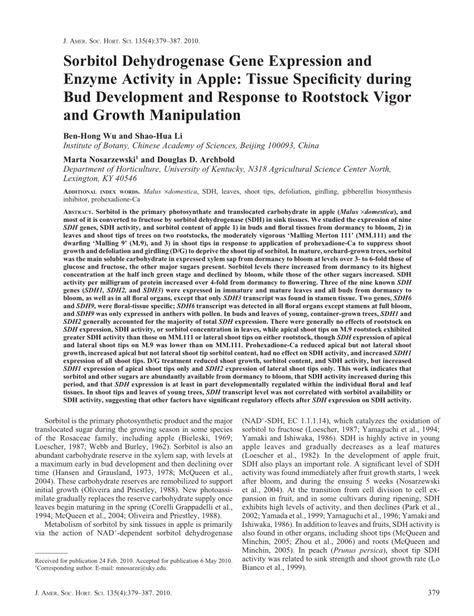 (PDF) Sorbitol Dehydrogenase Gene Expression and Enzyme Activity in Apple: Tissue Specificity ...