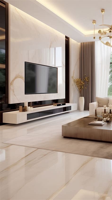 Luxury modern living room with a large TV Wall Marble cladding made of ...