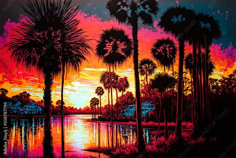 Orlando, Florida, sunset, painting. Generative AI Stock Illustration ...