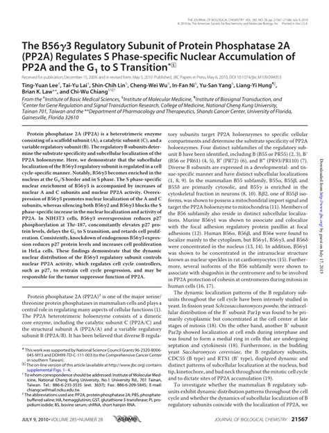 (PDF) The B56 gamma 3 Regulatory Subunit of Protein Phosphatase 2A ...