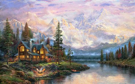 Beautiful painting, mountains, river, house, trees wallpaper | art and ...