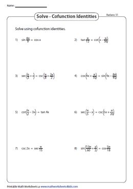 Cofunction Identities Worksheets