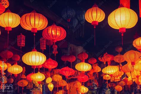 Paper ornamental lanterns in Hoi An Ancient town night market shop. Generative AI Stock ...