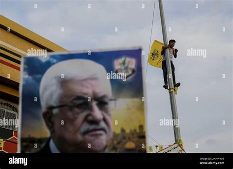 Portrait of Mahmoud Abbas during a rally marking the 55th anniversary ...