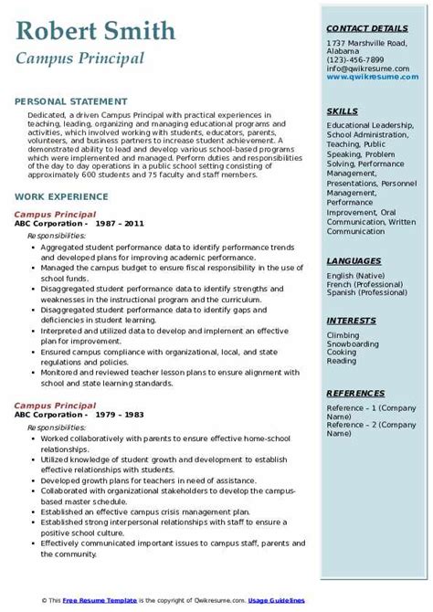 Principal Resume Samples | QwikResume