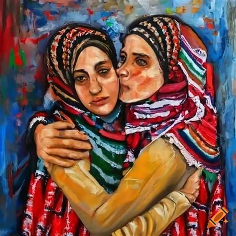 People hugging in palestine with keffiyeh