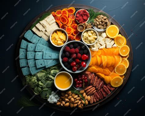 Premium Vector | An assortment of fruit and cheese on a wooden platter