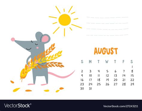 August calendar page with cute rat with harvest Vector Image